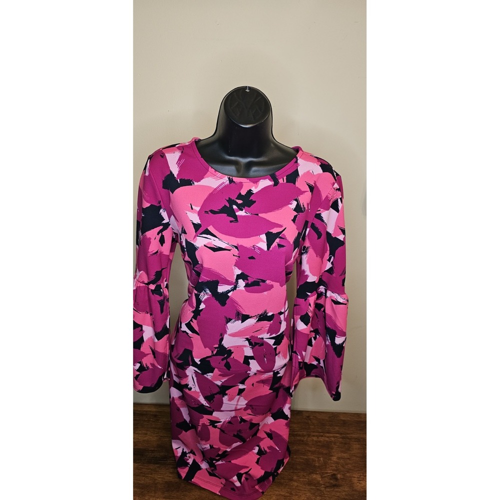 Banana Republic Factory Pink Abstract Shift Dress Bell‎ Sleeve Knee Length Small